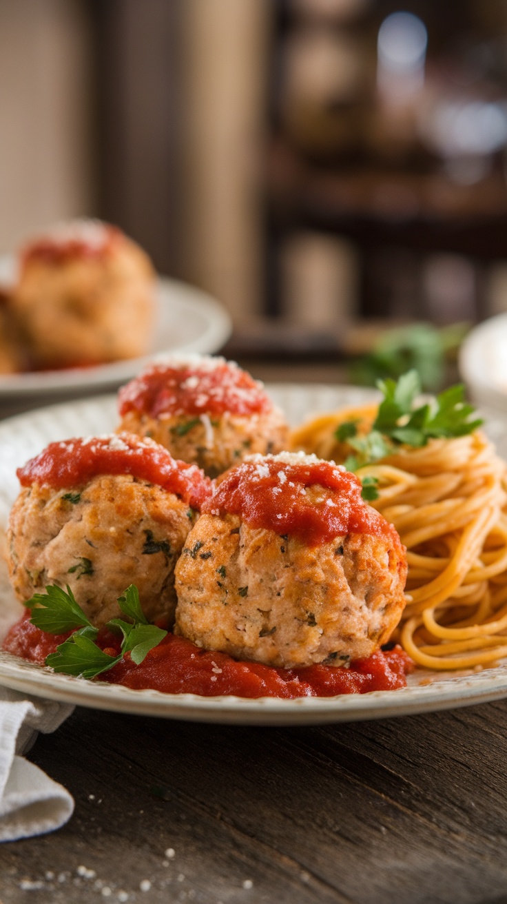 Baked chicken meatballs with marinara sauce and Parmesan on a rustic wooden table with spaghetti.